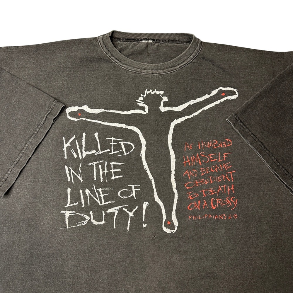 Vintage Jesus Tee "Killed In The Line Of Duty" Super Faded Black Philippians 2:8